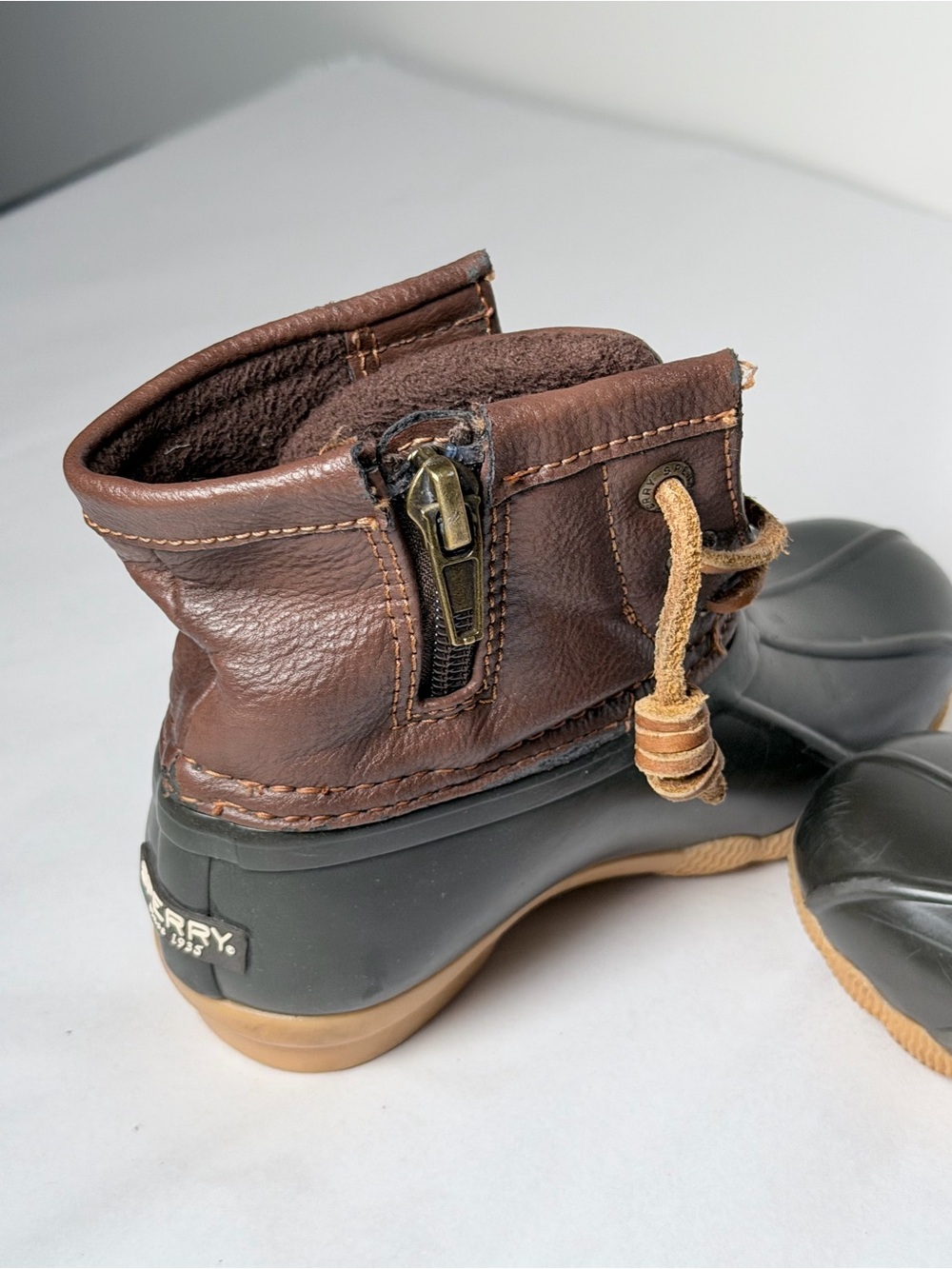 Sperry Kids Brown Leather & Black Rubber Rain Boots with Tan Laces - Picture 8 of 13